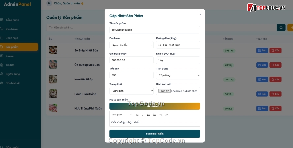 Web bán hải sản,hải sản,tích hợp